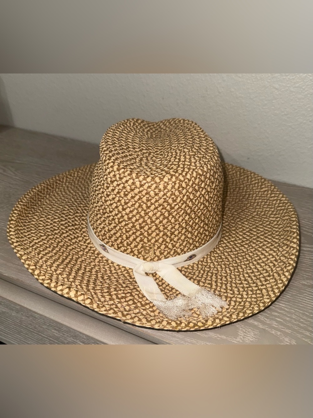 Eric Javits Straw Sun Hat with Gold Logo Accent - Beige - New York